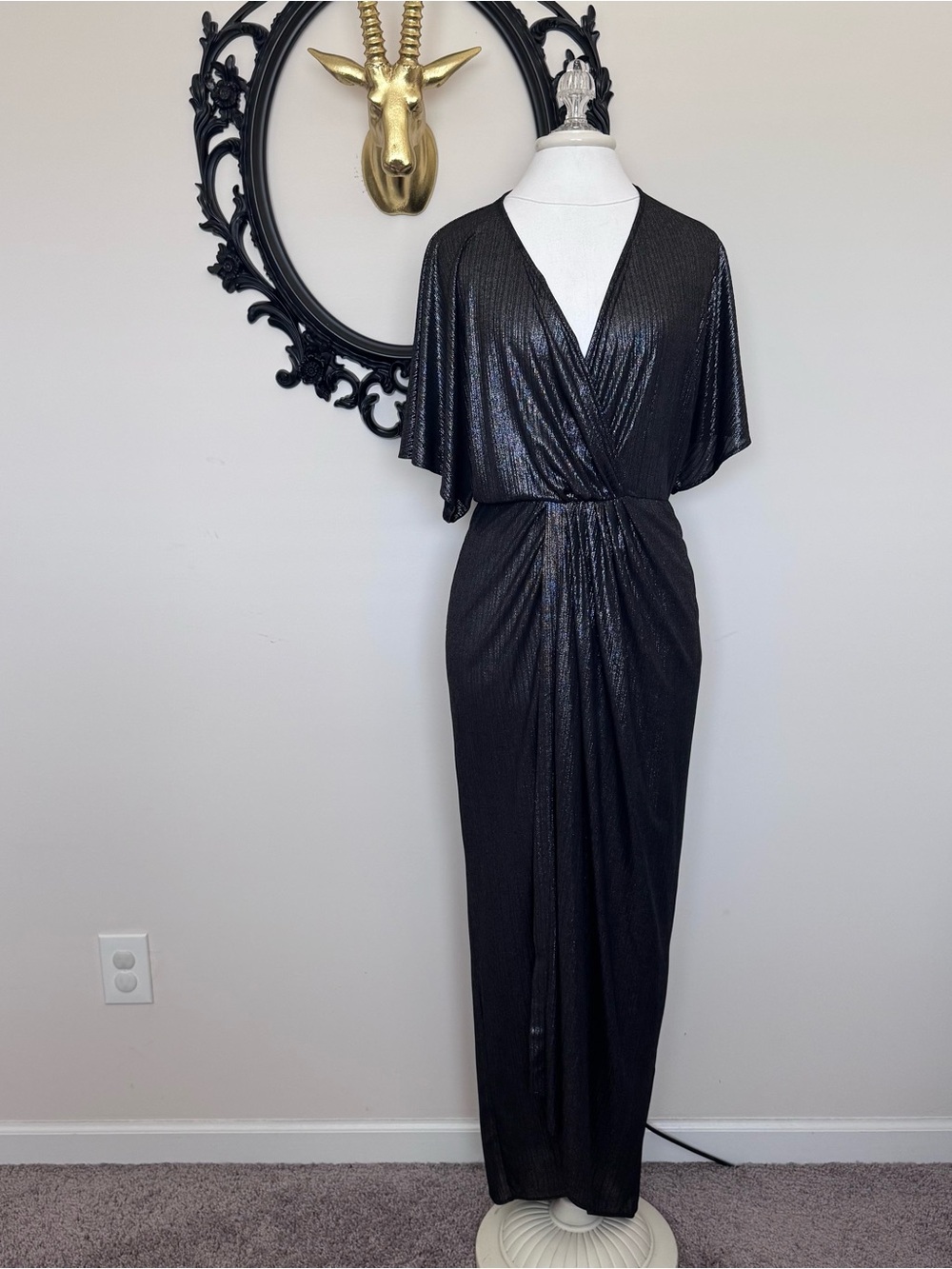 ASOS Dark Silver Black Metallic Wrap Kimono Maxi Dress